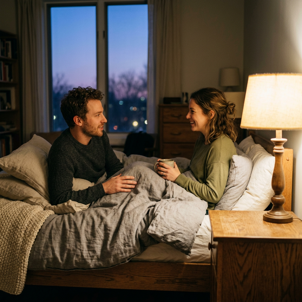 Couple sitting in bed facing each other, smiling and talking warmly