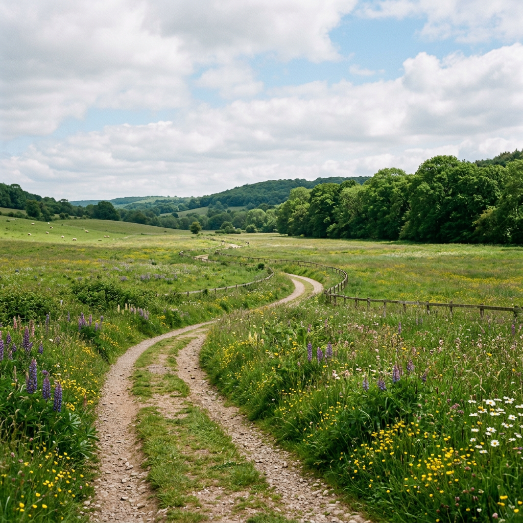 Winding dirt path through a green meadow with wildflowers and trees in the distance